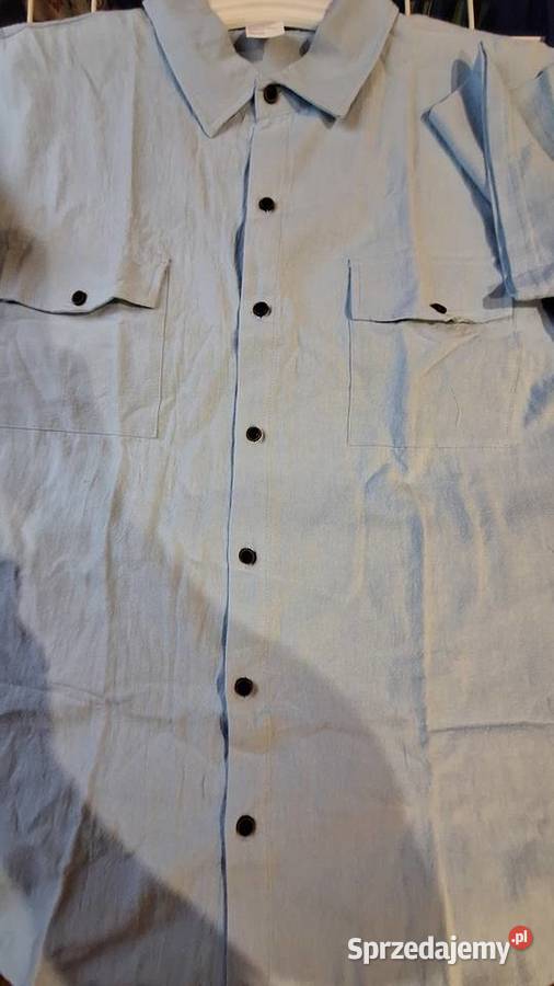Męska lniana koszula blue casual henley krótki Odzież codzienna