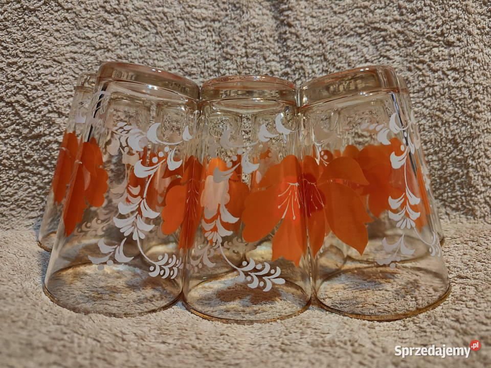 Vintage szklanki w kwiaty ze złotym rantem PRL 7 lubelskie Lublin