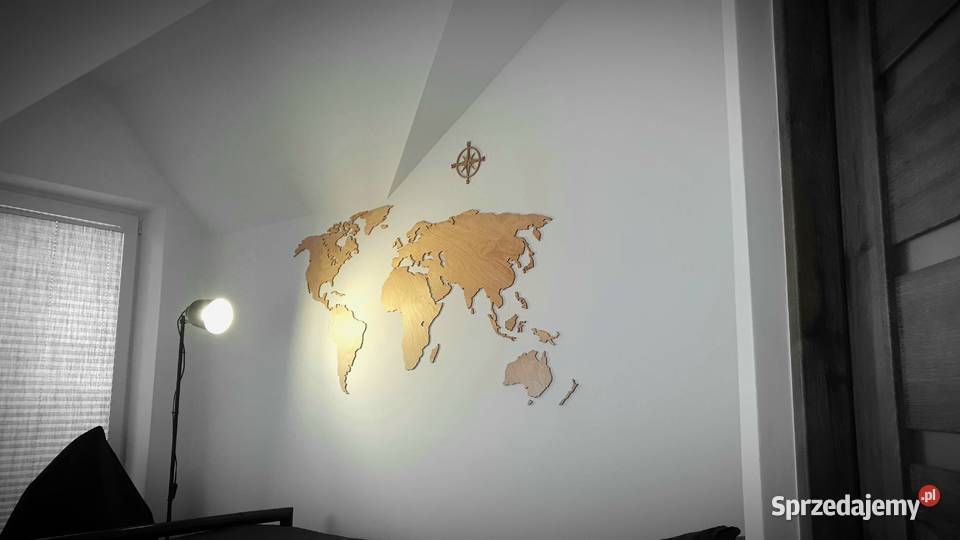 MAPA ŚWIATA Z DREWNA dekoracja naklejana 3D AŻUR Tuchów