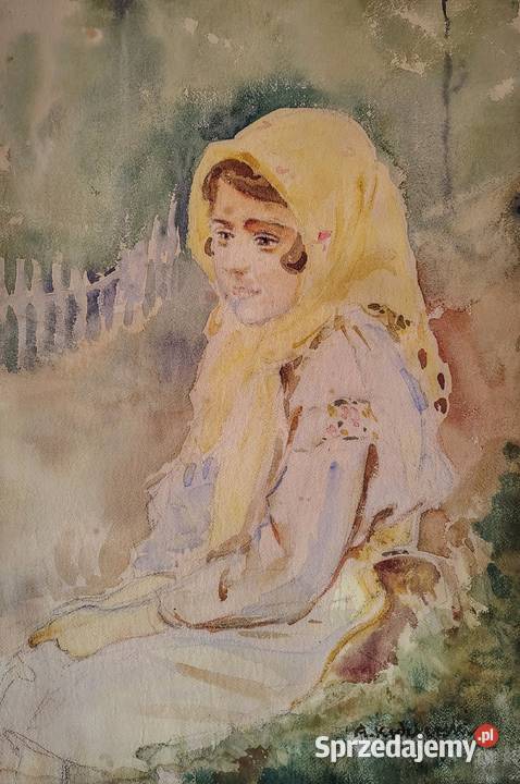 Wiejska dziewczynka akwarela antyk pomorskie Kartuzy