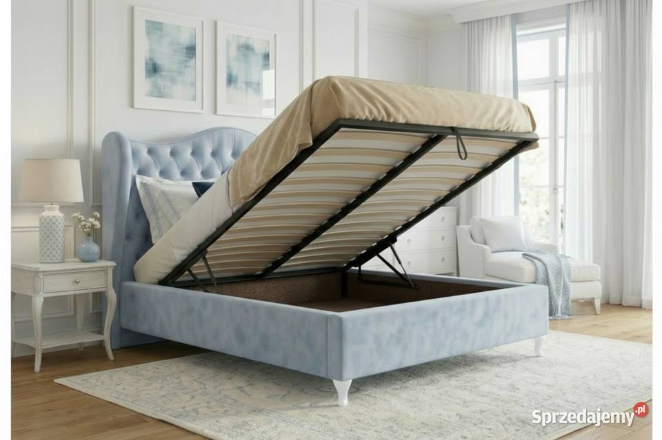 Łóżko USZAK 160x200 niebieskie pojemnik stelaż pomorskie Sopot