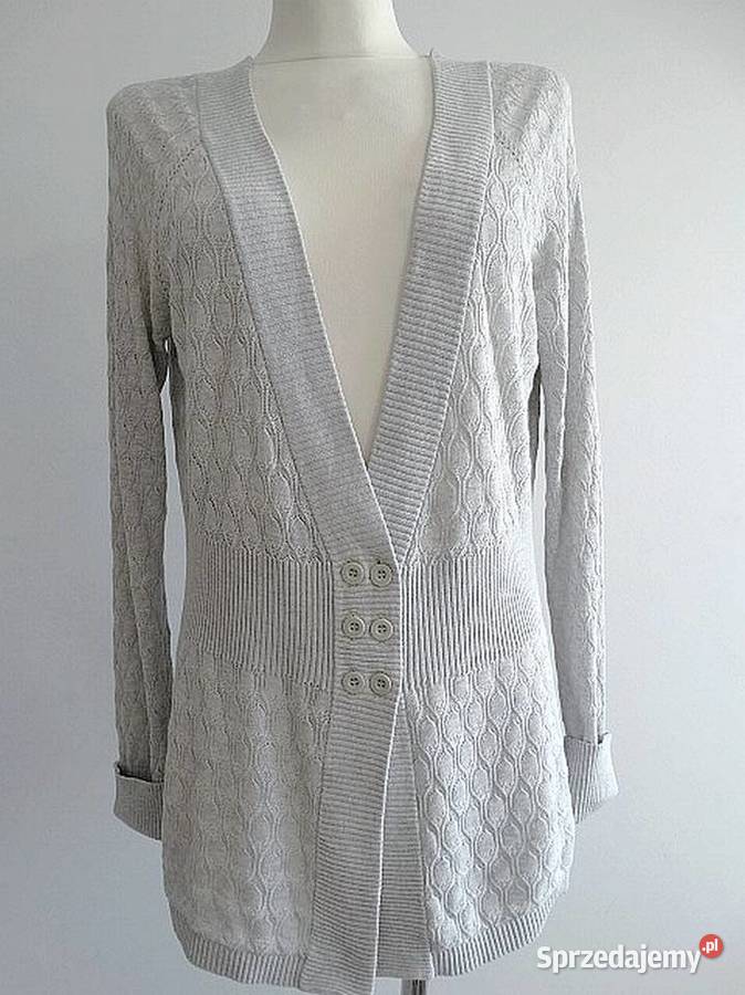 Sweter Kardigan Rozpinany Ażurowy Jasnoszary Łomża