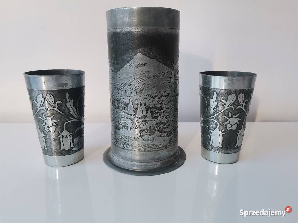 Stary cynowy kufel i 2 kubki Katowice