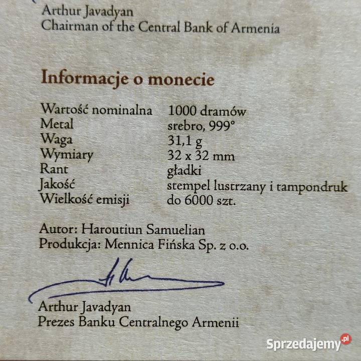 Monety Sakralne Armenia Srebro 999 Wągrowiec