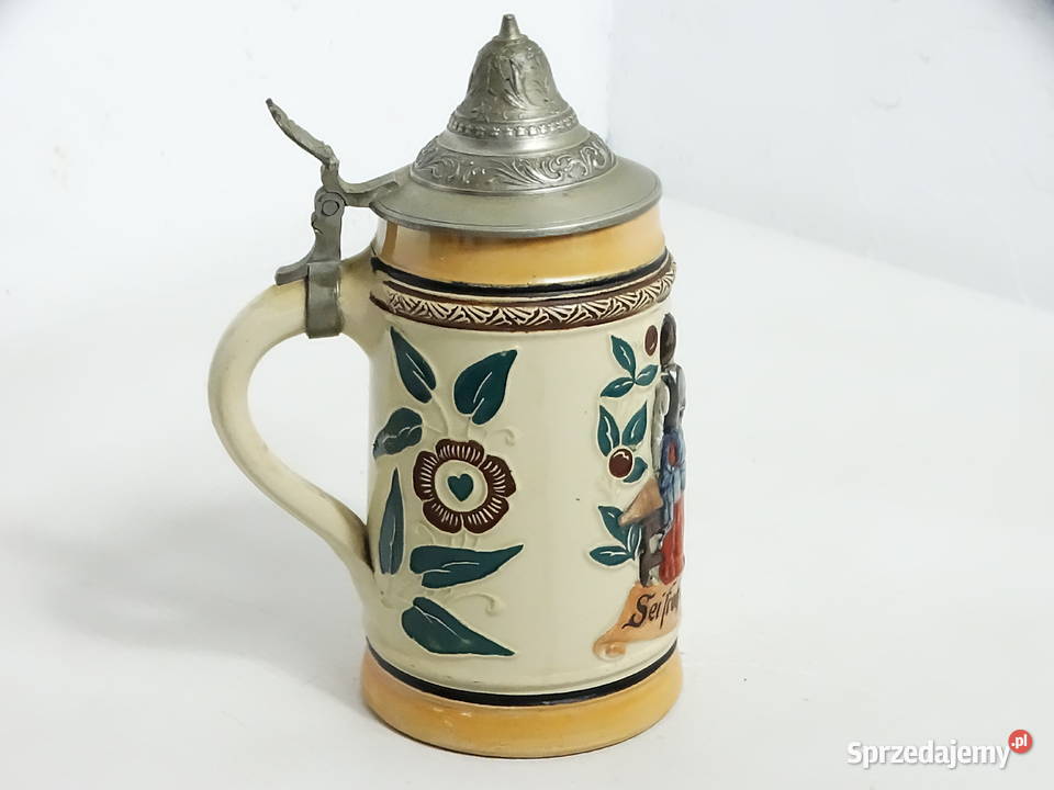 Zabytkowy niemiecki kufel ceramiczny z cynową