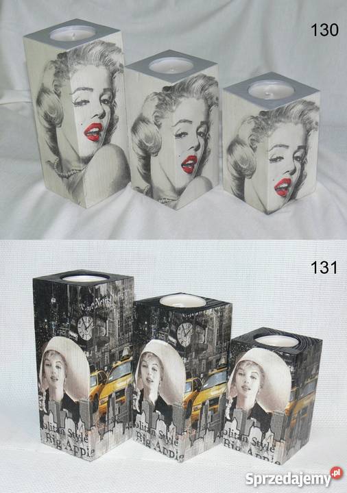 3 duże świeczniki drewniane rekodzieło Marilyn Warszawa