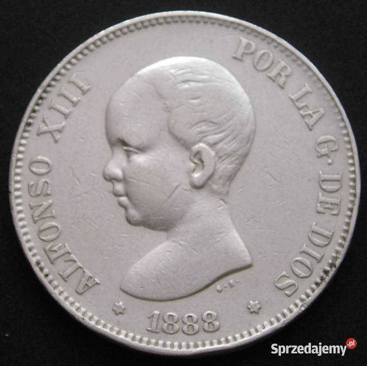 Hiszpania 5 peset 1888 SREBRO Alfonso XIII Łódź