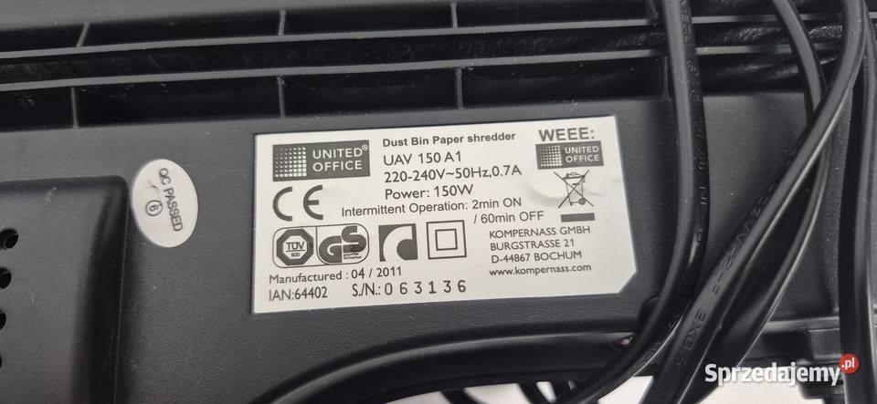 Niszczarka do dokumentów United Office UAV 150 lubelskie Biłgoraj sprzedam