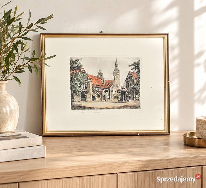 Oryginalna kolorowa akwaforta most Hagen Poddębice