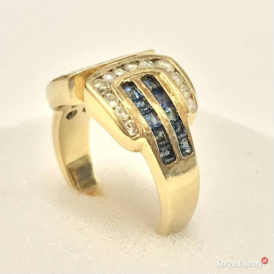 Złoty PIERŚCIONEK 18K SZAFIRY i BRYLANTY 045ct Warszawa