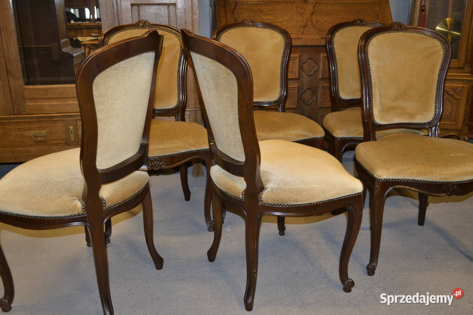 krzesła ludwikowskie ramy ciemny orzech welur Będzin