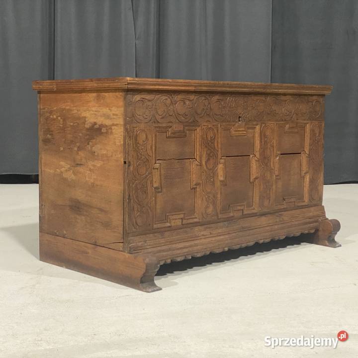 Antyczna skrzynia dębowa XIX wiek rzeźbiony zachodniopomorskie Budno sprzedam