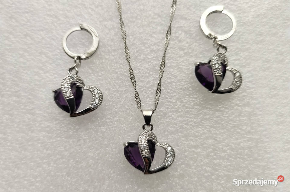 Komplet biżuterii pr925 Fioletowe Serce NOWY łódzkie Łódź