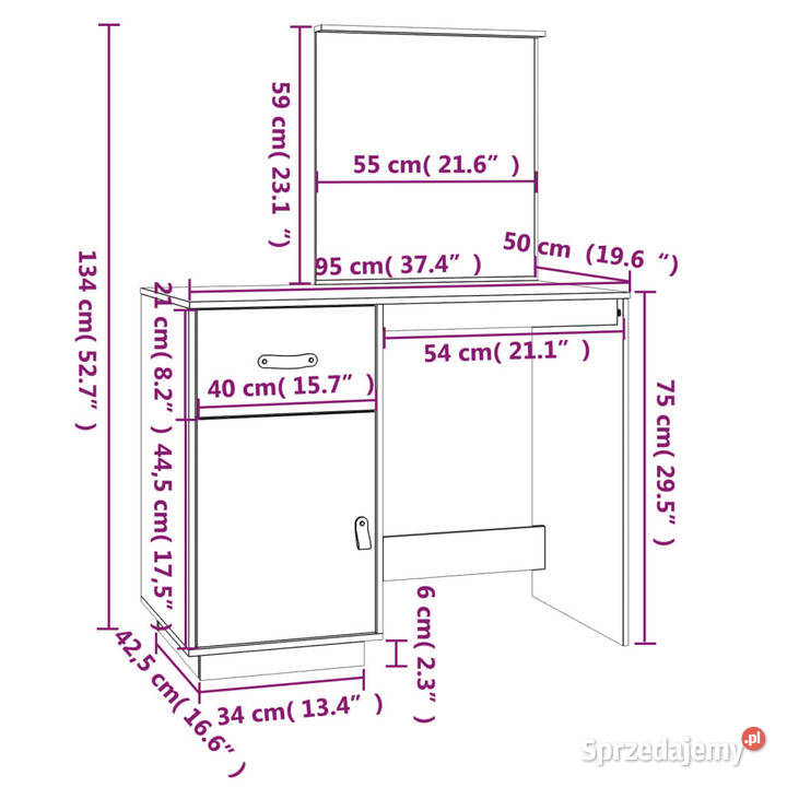 Toaletka szara 95x50x134 lite drewno sosnowe mazowieckie Warszawa