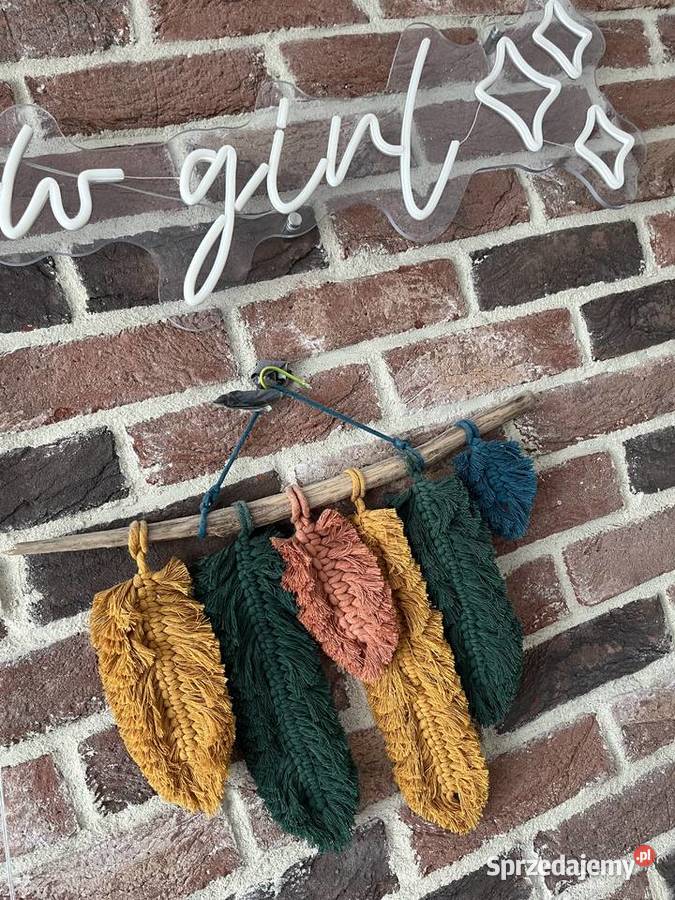 Makrama boho pióra liście na naturalnym kiju Warszawa