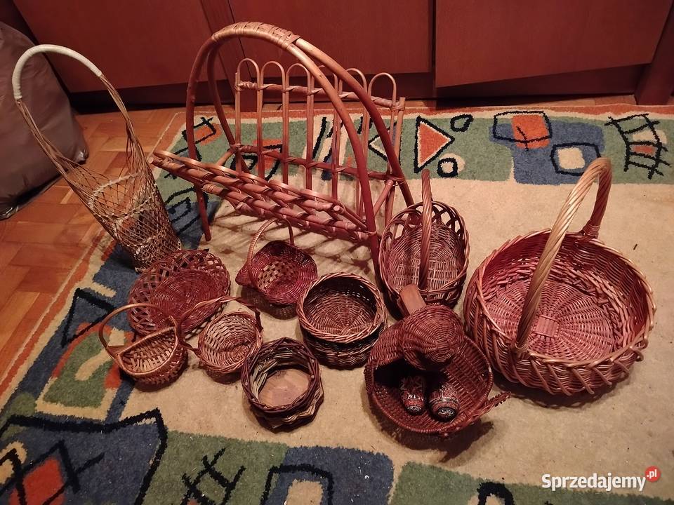 Duży zestaw wikliny vintage PRL Gazetnik kosze Bytom