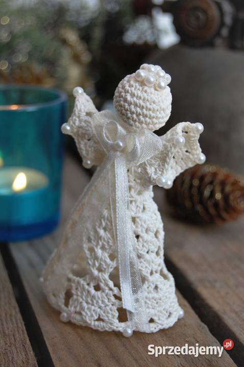 Aniołek szydełkowy z perełkami ecru kremowy 10 Lublin