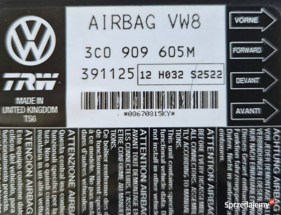 MODUŁ SENSOR AIRBAG VW PASSAT B6 3C0909605J Układ elektryczny, zapłon Działoszyce