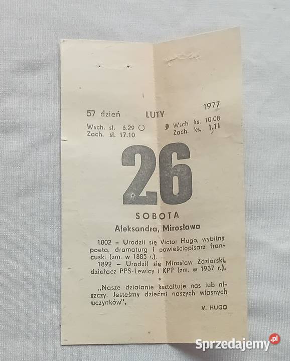 Kartka ze starego kalendarza ściennego zdzieraka