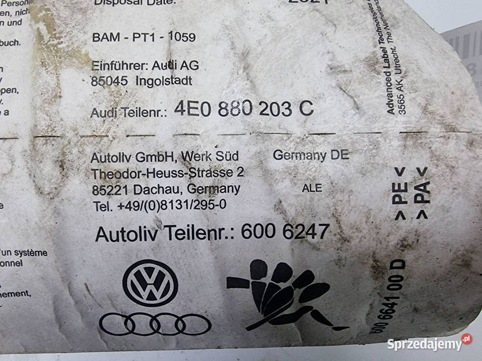 PODUSZKA AIRBAG AUDI A8 D3 4E0880203C kujawsko-pomorskie Lipno sprzedam