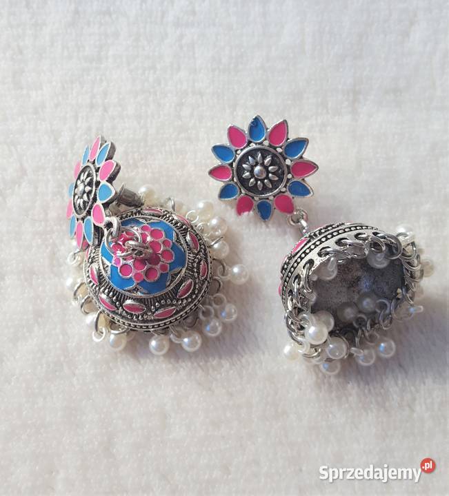 Nowe kolczyki indyjskie srebrny kolor niebieski Szczecin sprzedam