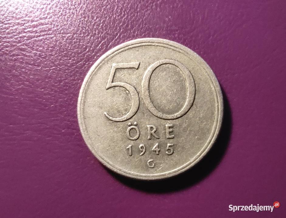 Moneta 50 ORE 1945 G / SZWECJA - Srebro - Ładna/Rzadka !