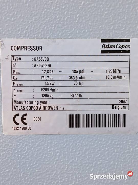 Sprężarka ATLAS COPCO GA55VSDFF 55kW 103 m3min Wilków