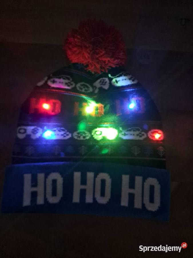 Czapka led HoHoHo niebieska z czerwonym pomponem