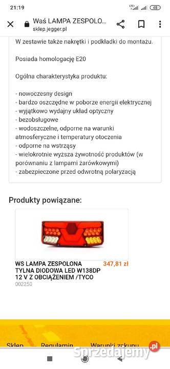 Waś ws lampa zespolona tylna diodowa led W138DL Pułtusk