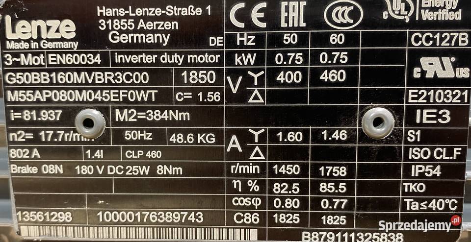 motoreduktor przekładnia 075kW 177obr 3f HAMULEC