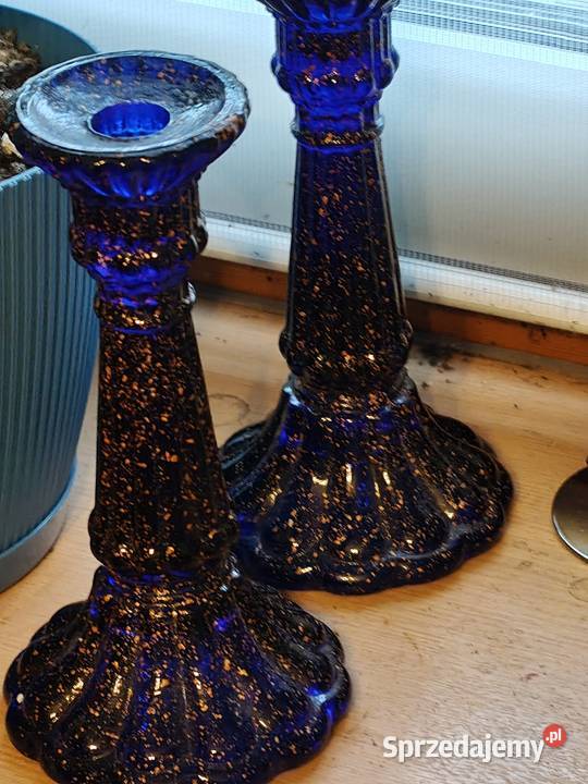 Świeczniki szkło Vintage kobaltowe Porcelana i szkło Legnica