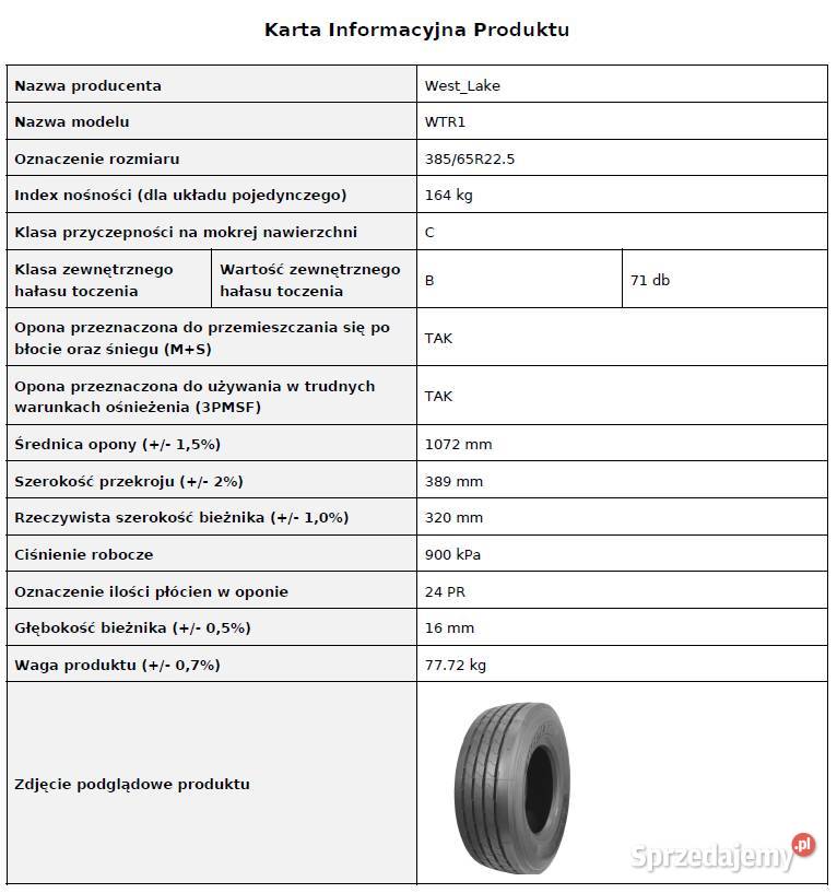 Westlake WTR1 38565 R225 Nowa opona naczepowa Zarębki sprzedam