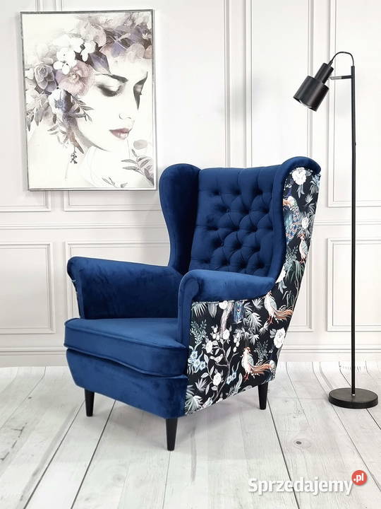 Fotel Uszak Chesterfield Dwukolorowy Pawie