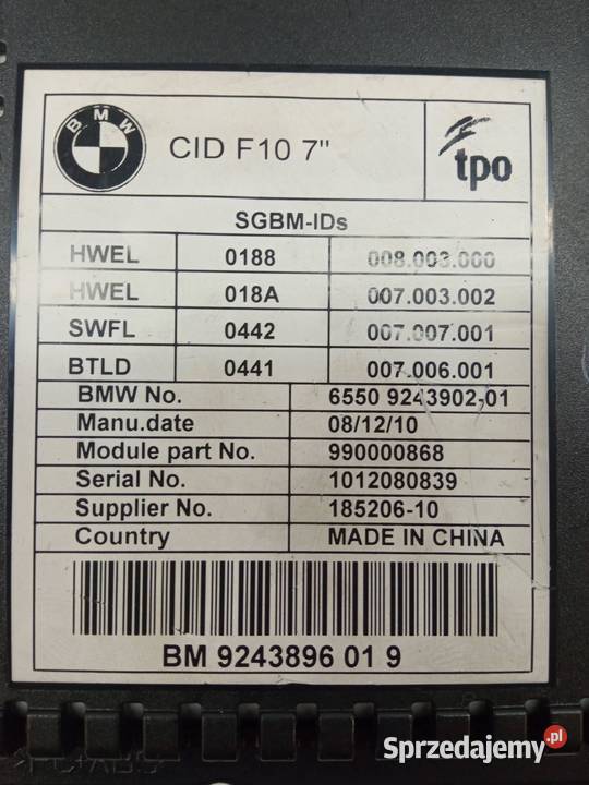 WYŚWIETLACZ 9243896 Bmw Seria 5 VI 2010 F071011 świętokrzyskie