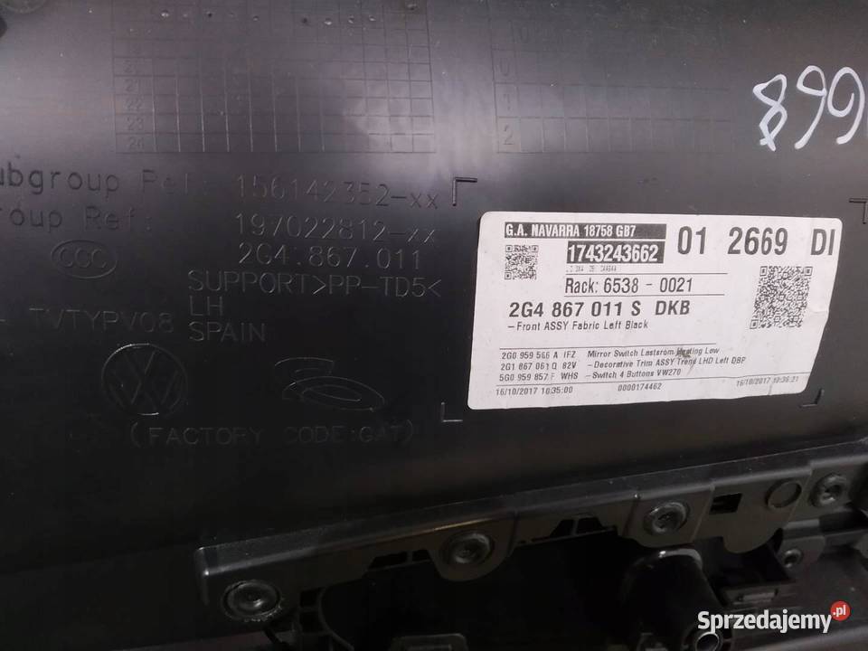 TAPICERKA BOCZEK PRAWY LEWY PRZÓD KPL 2G VW osobowe