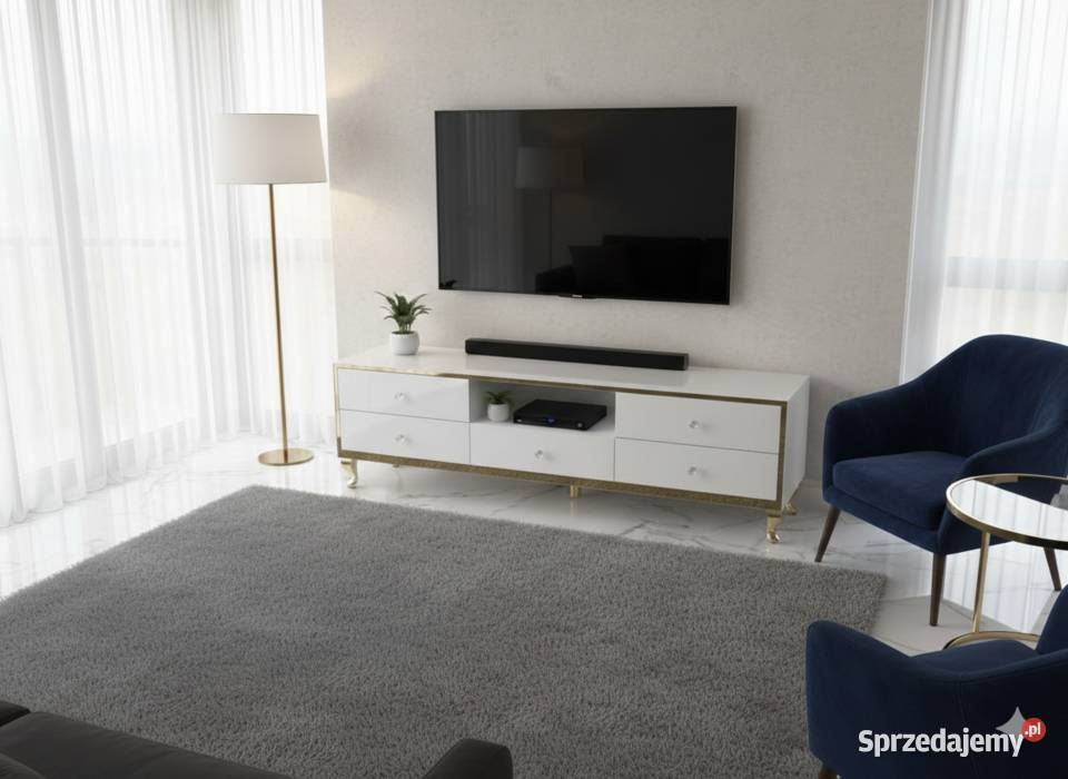 Nowoczesna Komoda RTV Białe Szkło Cichy Domyk Kępno