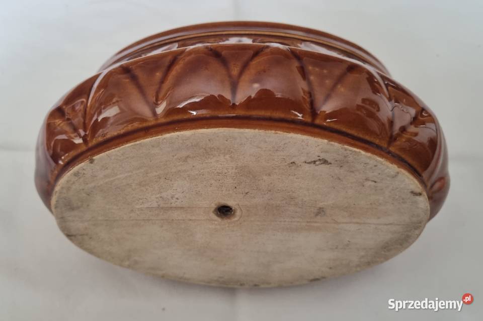 Owalna porcelitowa doniczka vintage PRL odcienie brązowego
