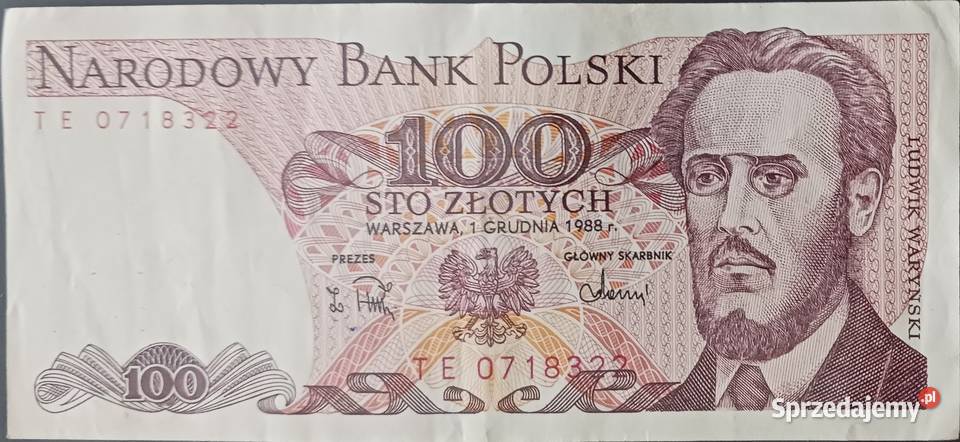 100 złotych 1XII1988 seria TE Numizmatyka wielkopolskie Konin