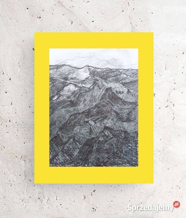 żółto szary obraz 30x40 góry rysunek ręcznie Obrazki i obrazy pomorskie Gdańsk sprzedam