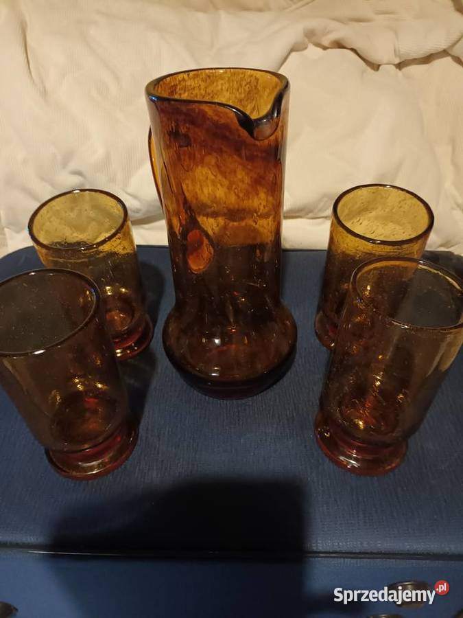 Dzbanek i 4 szklanki z grubego szkła bobelkowego Bielsko-Biała