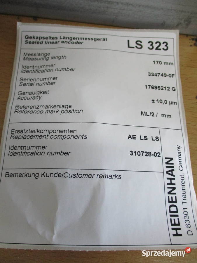 Liniał HEIDENHAIN LS 323 ML 170mm ID 334 7490F kujawsko-pomorskie