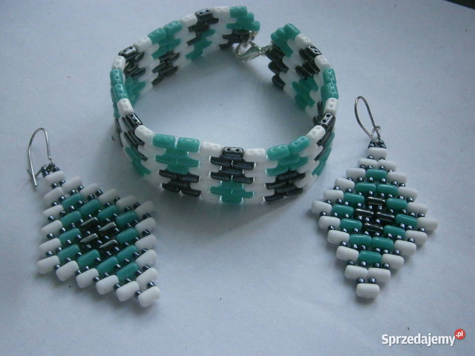 Kolczyki bransoletka mięta biel czerń beading posrebrzane śląskie Częstochowa sprzedam