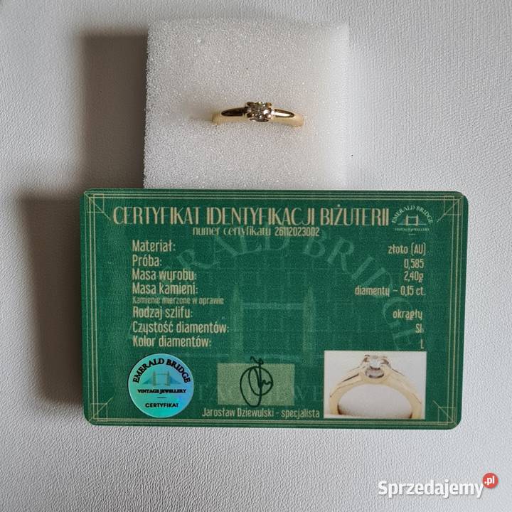 Złoty pierścionek z diamentem 015ct certyfikat mazowieckie Otwock