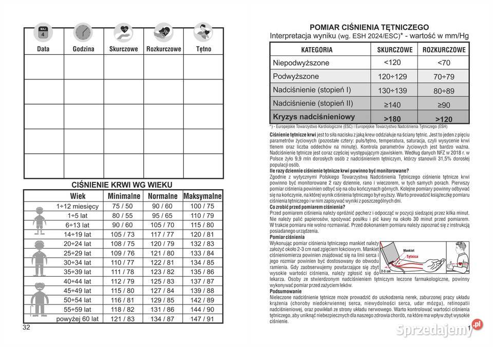 Ksiażeczka Pomiarów Ciśnienia Tętniczego 10 nowe Włocławek