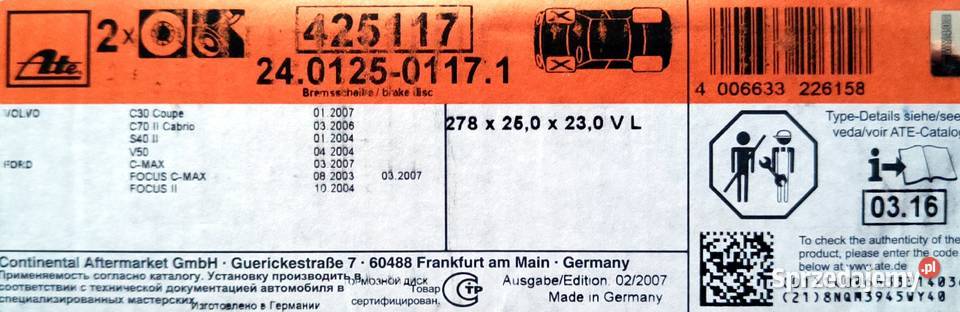 Tarcza hamulcowa Ford Volvo ATE 24012501171 Kraków