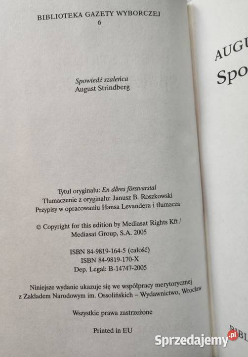 Spowiedź szaleńca August Strindberg twarda z obwolutą Kielce