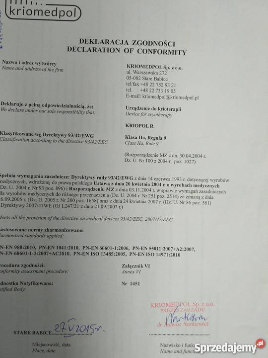 Sprzedam Urządzenie do KRIOTERAPII Stan idealny Wyposażenie szpitali i gabinetów Garwolin