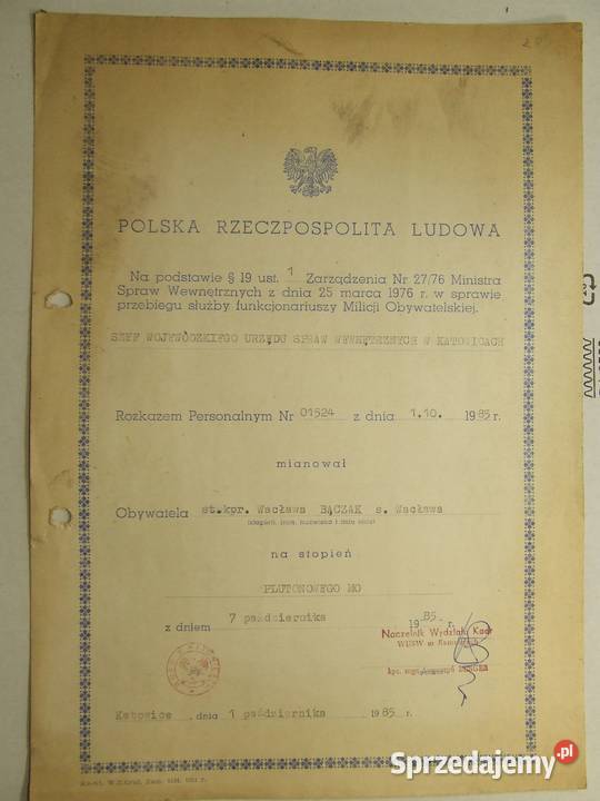 Dokument Pasowania na podoficera MO Plutonowgo śląskie Czeladź