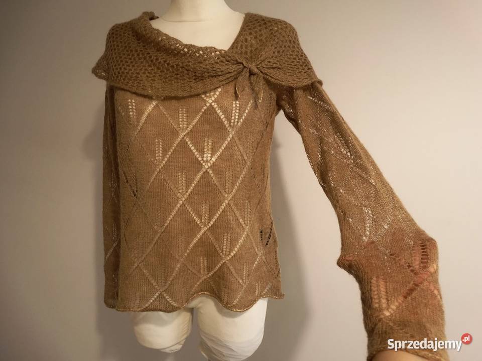 Sweter Moherowy Wełniany Ażurowy Camelowy brązowy/beżowy Łomża