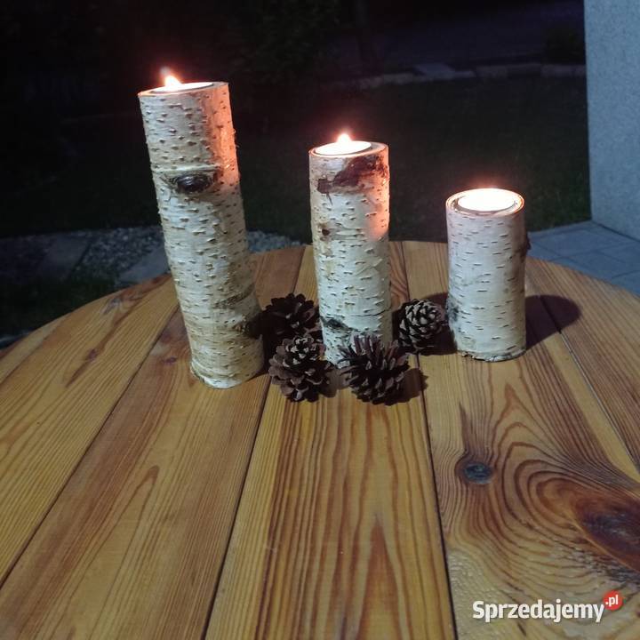 Sprzedam trzy świeczniki naturalne drewno Konin
